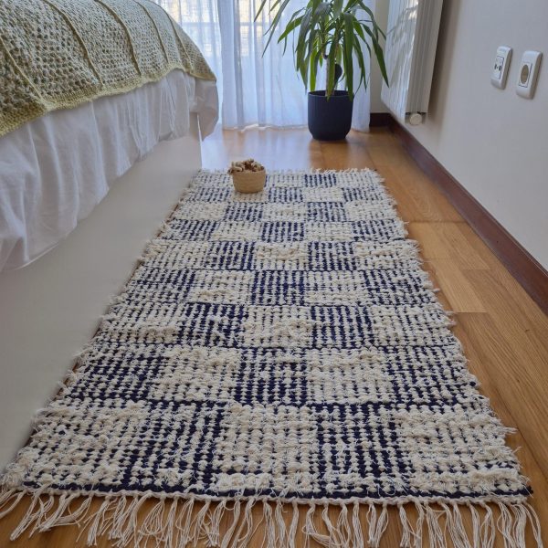 Medium Cream and Dark Blue Checkered Rug